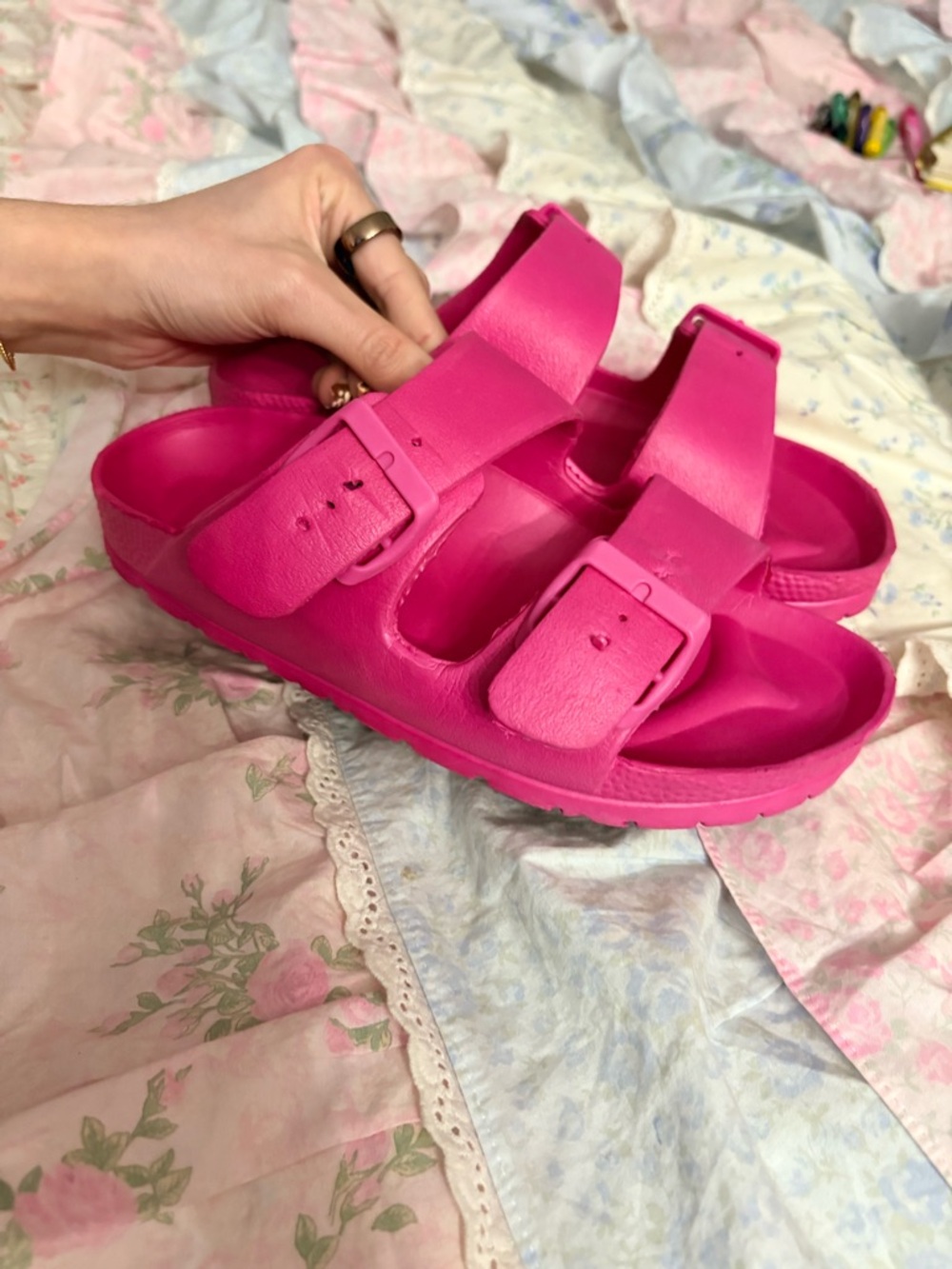 Women's Hot Pink Double-Buckle Slide Sandals